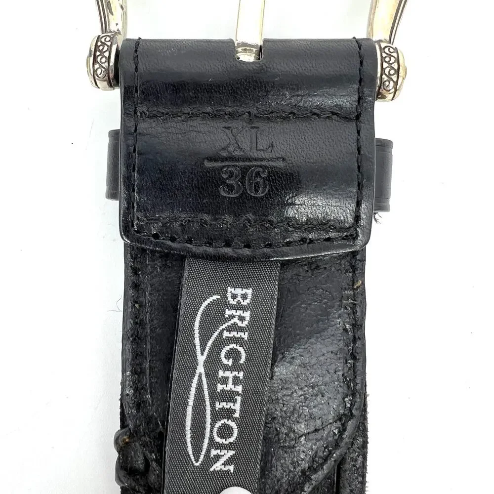 Vintage Brighton Black Leather Woven Belt Silver Buckle Size XL 36